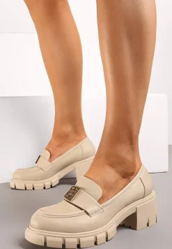 Beżowe Półbuty w Stylu Mokasynów Chunky z Ozdobną Klamerką i Skórzaną Wkładką Nubila