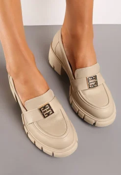 Beżowe Półbuty w Stylu Mokasynów Chunky z Ozdobną Klamerką i Skórzaną Wkładką Nubila