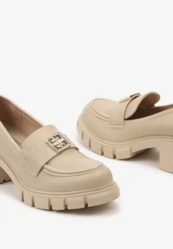 Beżowe Półbuty w Stylu Mokasynów Chunky z Ozdobną Klamerką i Skórzaną Wkładką Nubila