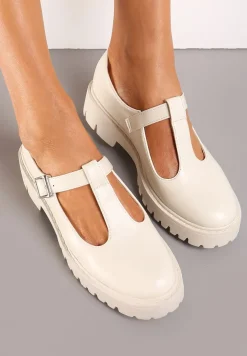 Beżowe Półbuty z Ekoskóry na Płaskim Obcasie ze Sprzączką Frisena