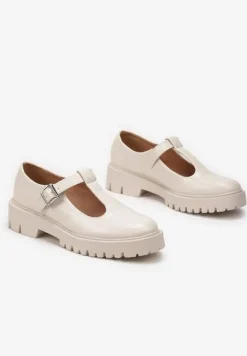 Beżowe Półbuty z Ekoskóry na Płaskim Obcasie ze Sprzączką Frisena
