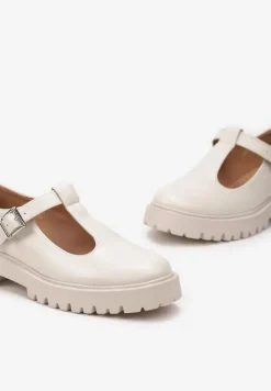 Beżowe Półbuty z Ekoskóry na Płaskim Obcasie ze Sprzączką Frisena