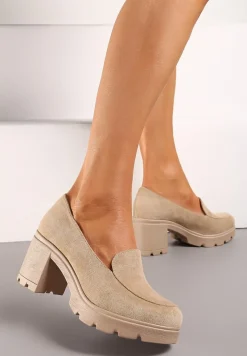 Beżowe Półbuty z Ekozamszu i Wkładką z Naturalnej Skóry na Słupku i Platformie Oxemi