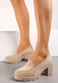 Beżowe Półbuty z Ekozamszu i Wkładką z Naturalnej Skóry na Słupku i Platformie Oxemi