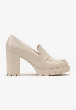 Beżowe Półbuty z Imitacji Skóry na Słupku z Platformą z Okrągłym Noskiem i Przeszyciami Dravinnia