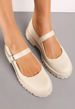 Beżowe Półbuty z Imitacji Zamszu z Ozdobnym Paskiem i Sprzączką Gerxana