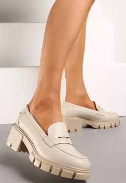 Beżowe Półbuty ze Skórzaną Wyściółką na Słupku z Okrągłym Noskiem Uraslline