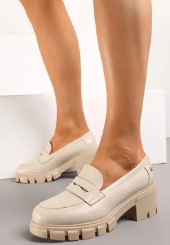 Beżowe Półbuty ze Skórzaną Wyściółką na Słupku z Okrągłym Noskiem Uraslline