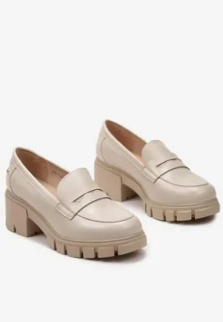 Beżowe Półbuty ze Skórzaną Wyściółką na Słupku z Okrągłym Noskiem Uraslline