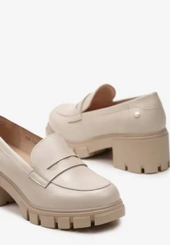 Beżowe Półbuty ze Skórzaną Wyściółką na Słupku z Okrągłym Noskiem Uraslline