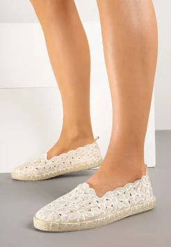 Beżowe Plecione Espadryle Vices z Kwiatowym Motywem z Ażurowymi Wycięciami Honavia
