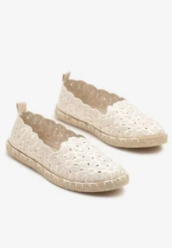 Beżowe Plecione Espadryle Vices z Kwiatowym Motywem z Ażurowymi Wycięciami Honavia