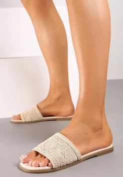 Beżowe Plecione Klapki na Płaskiej Podeszwie w Stylu Boho Evielle