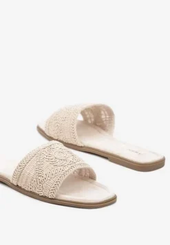 Beżowe Plecione Klapki na Płaskiej Podeszwie w Stylu Boho Evielle