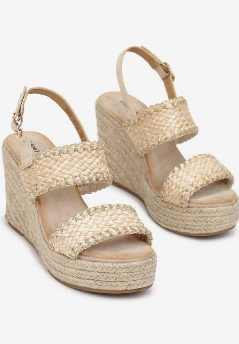 Beżowe Plecione Sandały na Koturnie ze Sprzączką Forya
