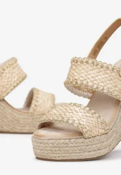 Beżowe Plecione Sandały na Koturnie ze Sprzączką Forya