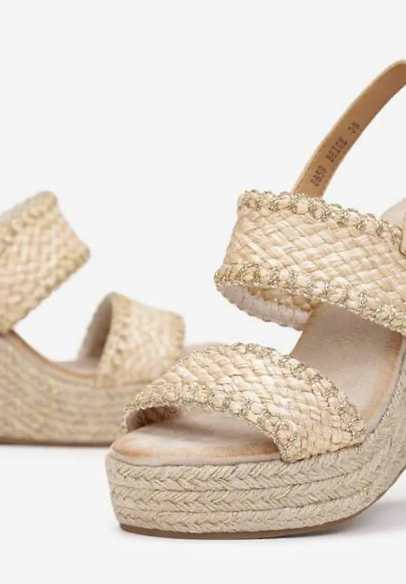 Beżowe Plecione Sandały na Koturnie ze Sprzączką Forya