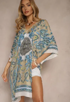 Beżowe Ponczo Narzutka z Wiskozy i Jedwabiu w Stylu Boho Acera