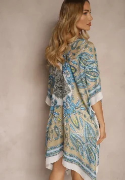 Beżowe Ponczo Narzutka z Wiskozy i Jedwabiu w Stylu Boho Acera