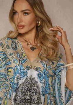 Beżowe Ponczo Narzutka z Wiskozy i Jedwabiu w Stylu Boho Acera