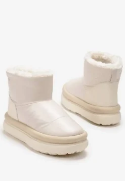 Beżowe Połyskujące Śniegowce na Płaskiej Podeszwie Ocieplone Futerkiem Brivida