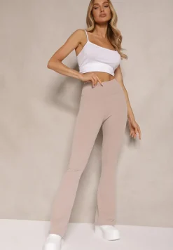 Beżowe Prążkowane Spodnie Typu Dzwony High Waist Farinia