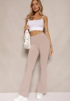 Beżowe Prążkowane Spodnie Typu Dzwony High Waist Farinia
