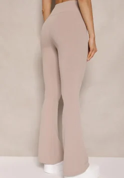 Beżowe Prążkowane Spodnie Typu Dzwony High Waist Farinia
