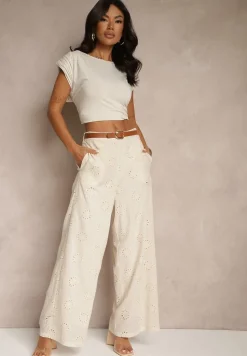 Beżowe Proste Spodnie z Bawełny z Haftem i Ażurowymi Zdobieniami Tolazia