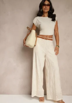 Beżowe Proste Spodnie z Bawełny z Haftem i Ażurowymi Zdobieniami Tolazia