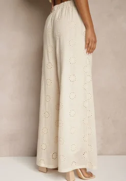 Beżowe Proste Spodnie z Bawełny z Haftem i Ażurowymi Zdobieniami Tolazia