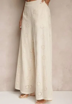 Beżowe Proste Spodnie z Bawełny z Haftem i Ażurowymi Zdobieniami Tolazia