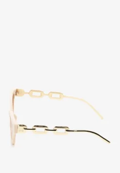 Beżowe Przeciwsłoneczne Okulary z Filtrem UV z Geometryczną Oprawką Grilea