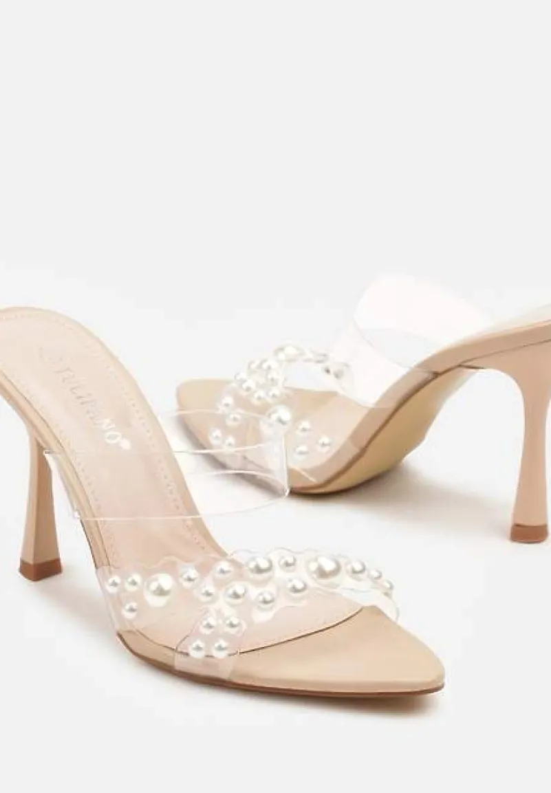 Beżowe Przezroczyste Klapki Szpilki Ozdobione Perełkami Frolreti