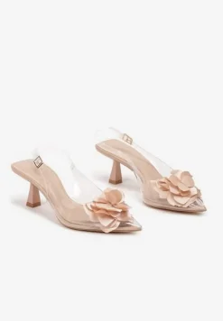 Beżowe Przezroczyste Sandały na Obcasie Typu Kaczuszka z Kwiatem Nalaniela