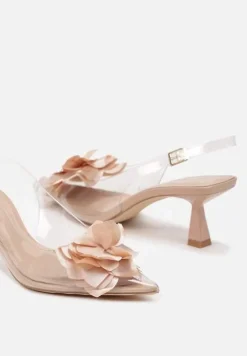 Beżowe Przezroczyste Sandały na Obcasie Typu Kaczuszka z Kwiatem Nalaniela