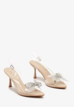 Beżowe Przezroczyste Sandały na Obcasie Typu Klepsydra z Ozdobną Kokardą z Cyrkoniami Nialania