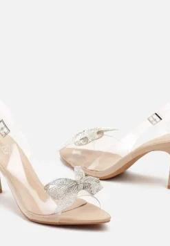 Beżowe Przezroczyste Sandały na Obcasie Typu Klepsydra z Ozdobną Kokardą z Cyrkoniami Nialania