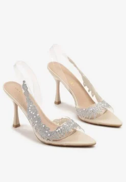 Beżowe Przezroczyste Sandały na Szpilce Vices ze Skórzaną Wkładką i Cyrkoniami Oviassa