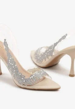 Beżowe Przezroczyste Sandały na Szpilce Vices ze Skórzaną Wkładką i Cyrkoniami Oviassa