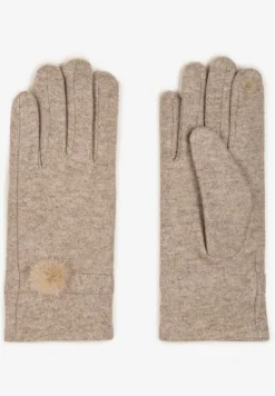 Beżowe Rękawiczki Dzianinowe z Dodatkiem Bawełny Ozdobione Pomponem Zinnatra
