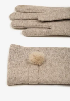 Beżowe Rękawiczki Dzianinowe z Dodatkiem Bawełny Ozdobione Pomponem Zinnatra
