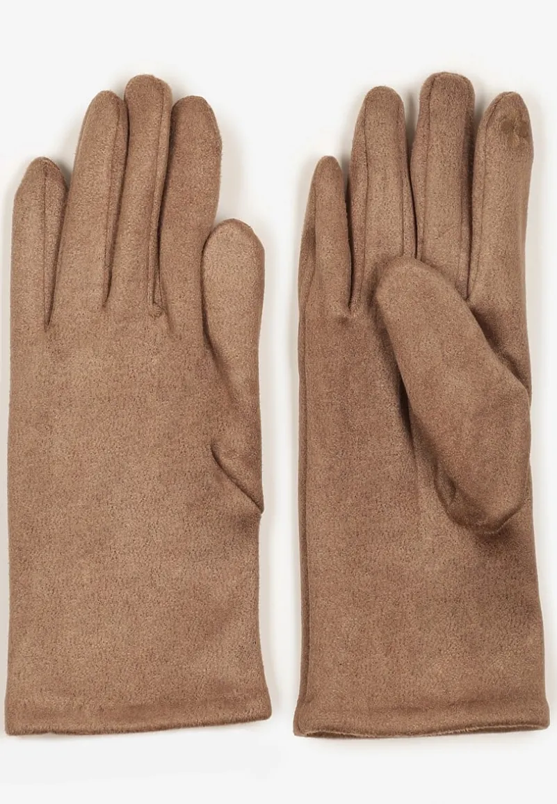 Beżowe Rękawiczki Welurowe z Ozdobną Dzianinową Nakładką Seliti