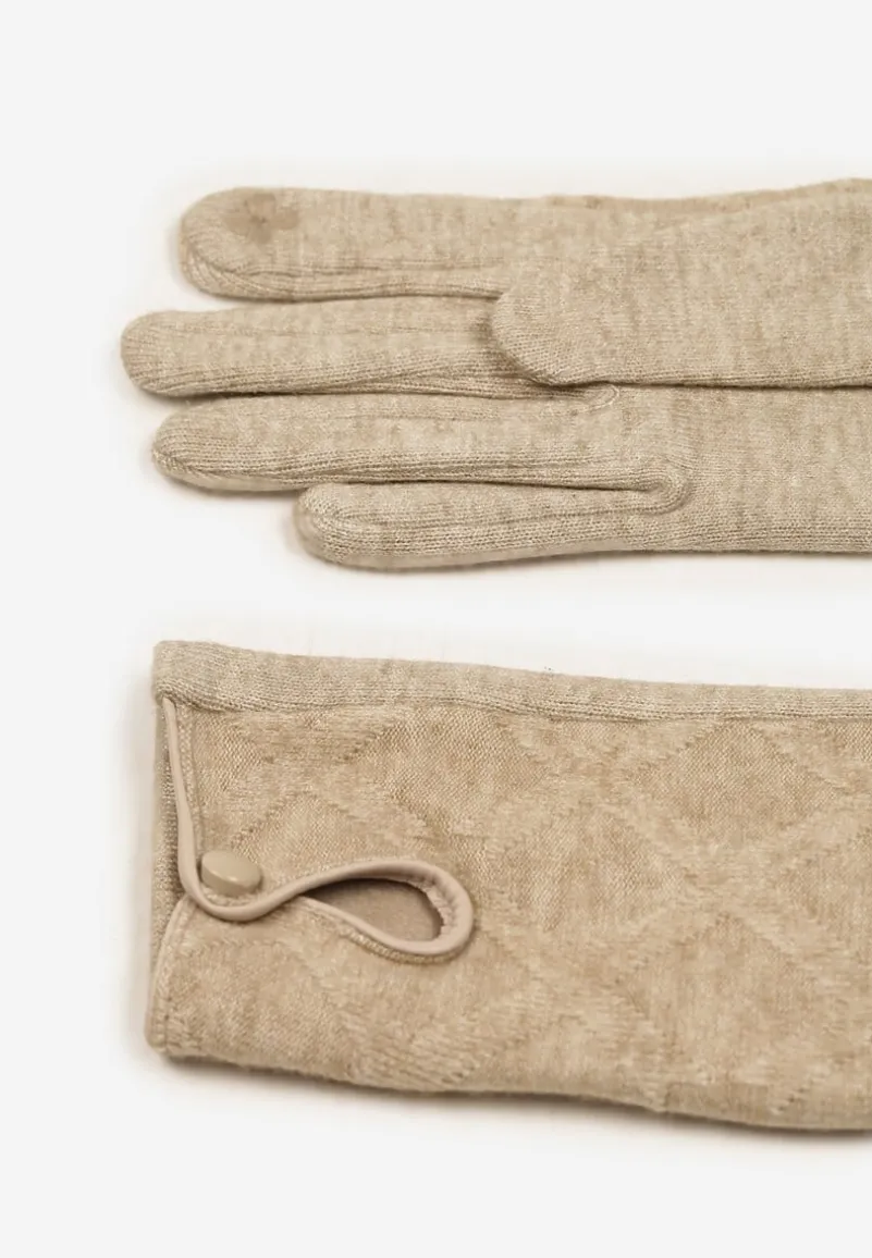 Beżowe Rękawiczki z Bawełną Ozdobione Rombami i Guzikiem Fenemi