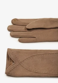 Beżowe Rękawiczki Zimowe z Bawełną Ozdobione Przeszyciami Delatlina
