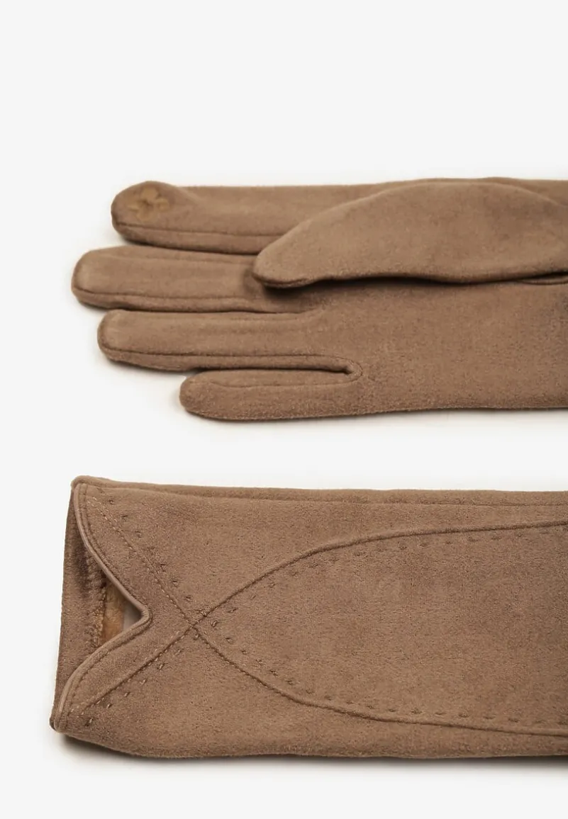 Beżowe Rękawiczki Zimowe z Bawełną Ozdobione Przeszyciami Delatlina