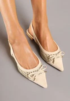 Beżowe Sandały Balerinki z Plecionki ze Szpiczastym Noskiem i Kokardką Leawenne