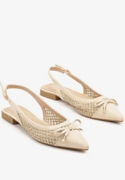 Beżowe Sandały Balerinki z Plecionki ze Szpiczastym Noskiem i Kokardką Leawenne