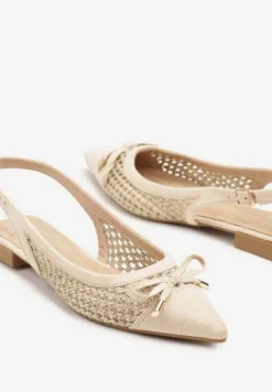 Beżowe Sandały Balerinki z Plecionki ze Szpiczastym Noskiem i Kokardką Leawenne
