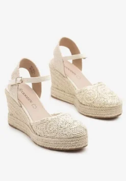 Beżowe Sandały Boho na Plecionym Koturnie z Wkładką ze Skóry Naturalnej Maniffia